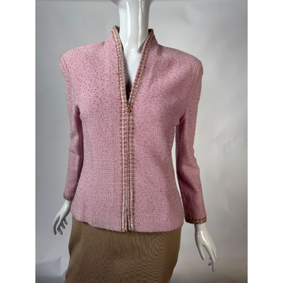 St. John Collection Pink Boucle Knit Jacket W/ Gold Trim Size 2 - Picture 9 of 16